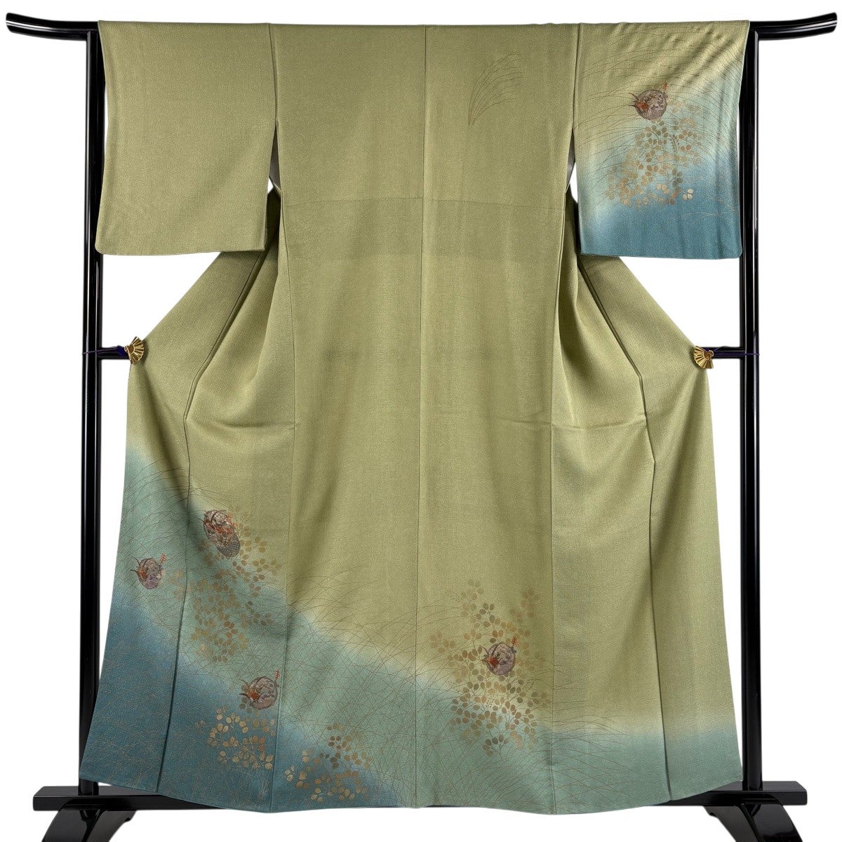訪問着 身丈160cm 裄丈65cm M 袷 萩 芝 金彩 染め分け 緑 正絹 秀品