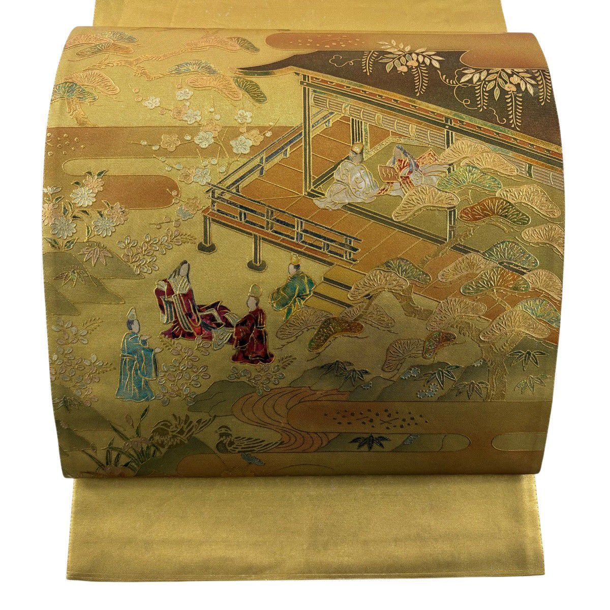 美品】 袋帯 名品 華文 草花 刺繍 金銀彩 金色 お太鼓柄 正絹｜中古