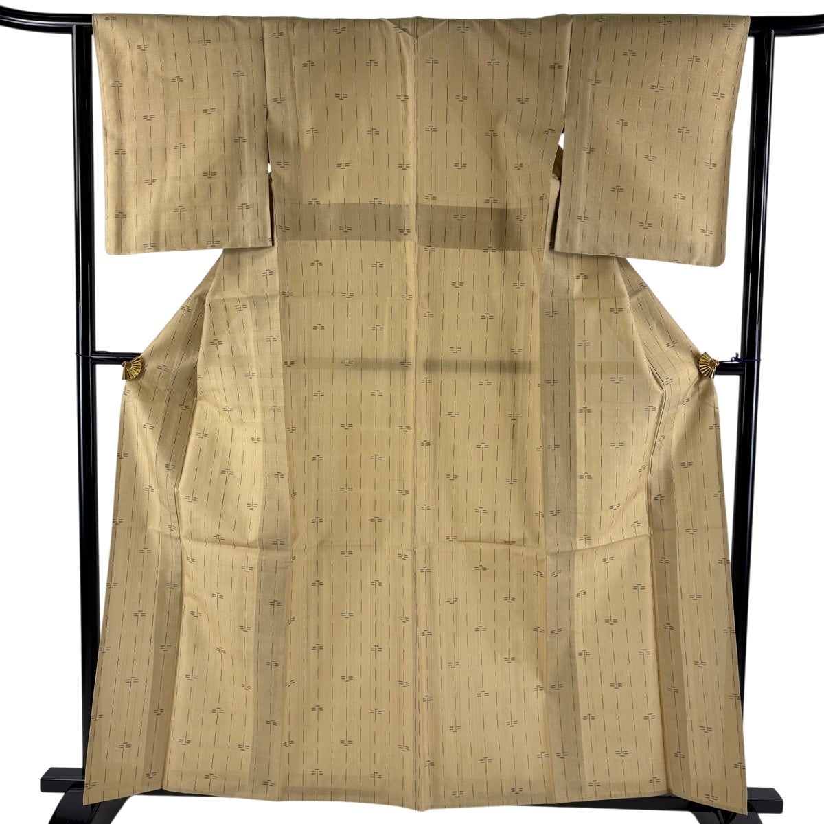 紬 身丈160cm 裄丈62.5cm S 単衣 幾何学模様 ベージュ 正絹 優品｜中古