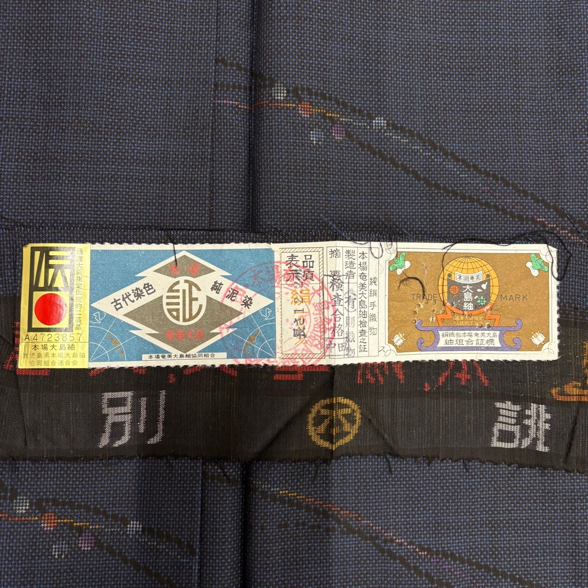 美品】 大島紬 身丈160cm 裄丈64cm M 袷 純泥染 証紙あり 幾何学 濃紺