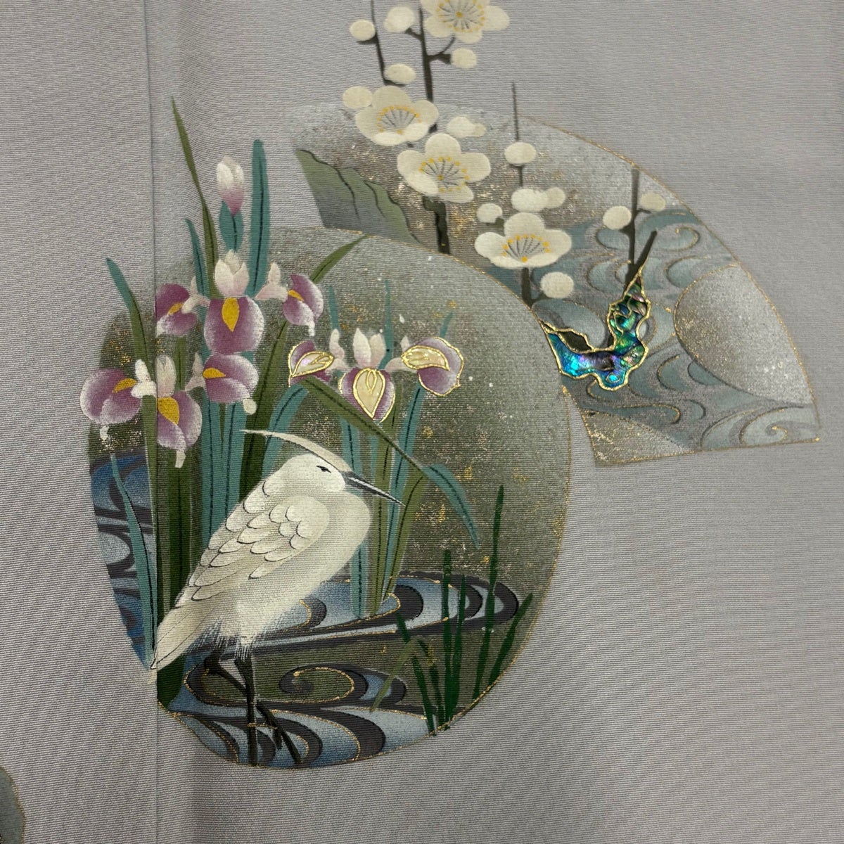 付下げ 身丈159.5cm 裄丈65cm M 袷 やまと 鳥 草花 螺鈿 金銀彩 灰色