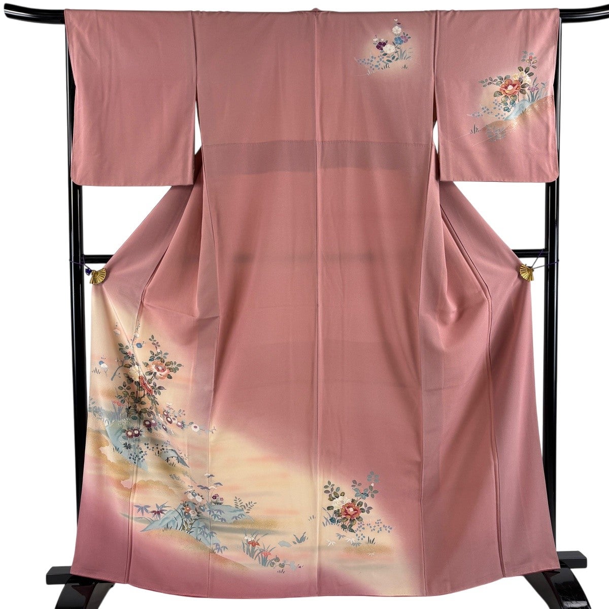 訪問着 身丈163.5cm 裄丈66cm M 袷 椿 草花 金銀彩 ぼかし 濃ピンク