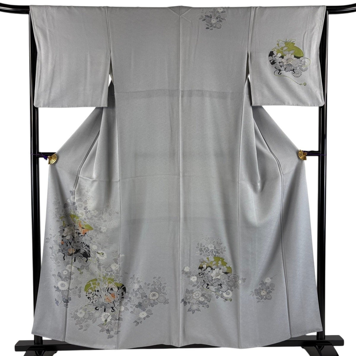 付下げ 身丈157cm 裄丈64cm M 袷 牡丹 鳥 金彩 青灰色 正絹 秀品｜中古