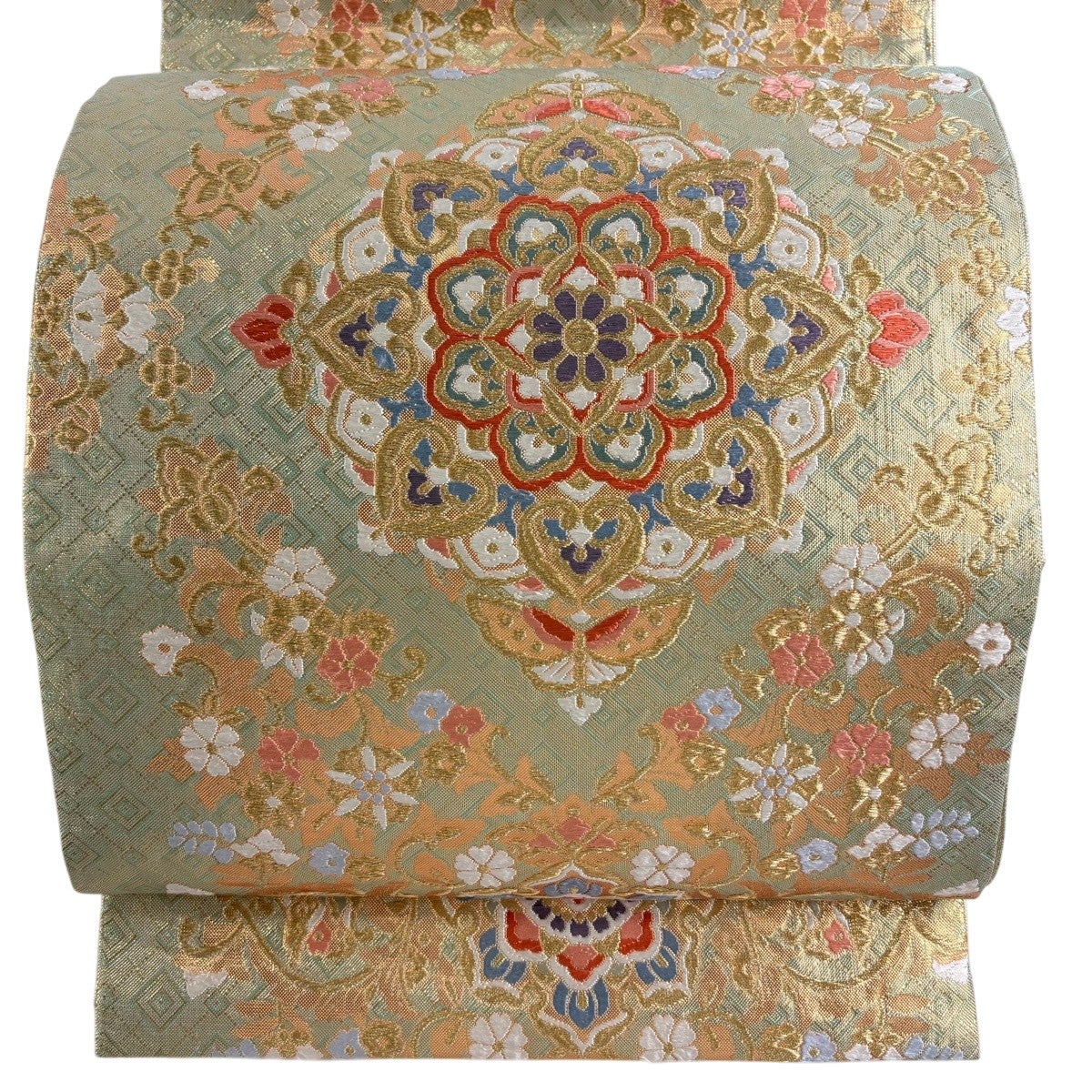 袋帯 秀品 華文 花から 金糸 箔 薄緑 六通 正絹｜中古・古着