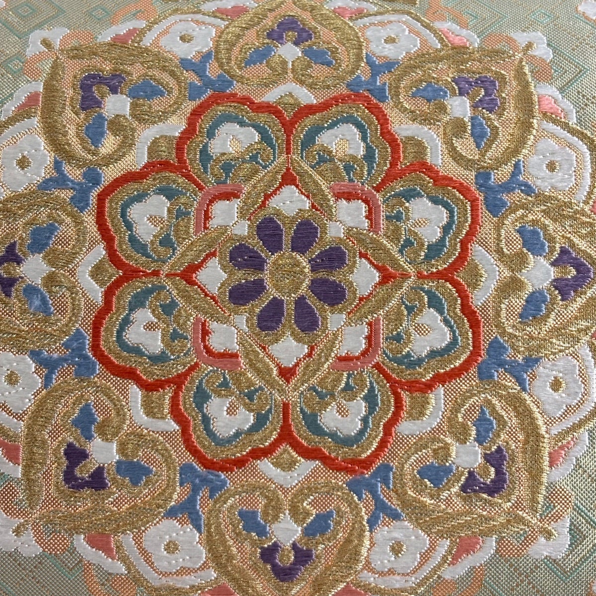 袋帯 秀品 華文 花から 金糸 箔 薄緑 六通 正絹｜中古・古着