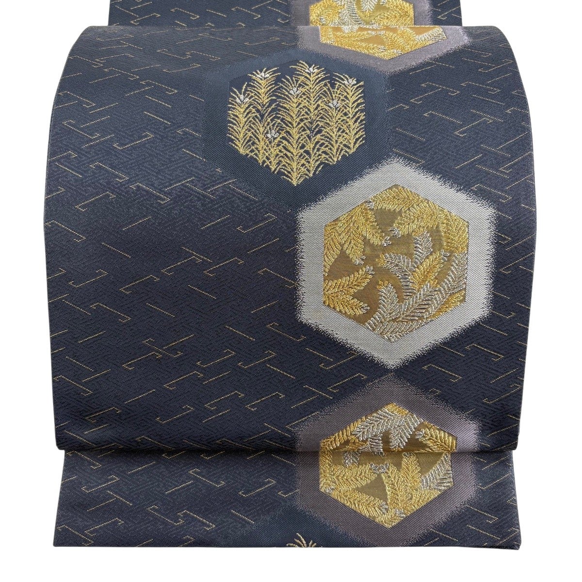 袋帯 名品 華文 亀甲 金銀糸 箔 ベージュ 六通 正絹 袋帯 六通 箔 濃紫