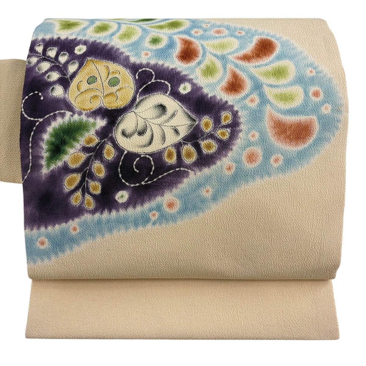 美品】 名古屋帯 秀品 落款あり 葉柄 絞り ぼかし クリーム 正絹｜中古