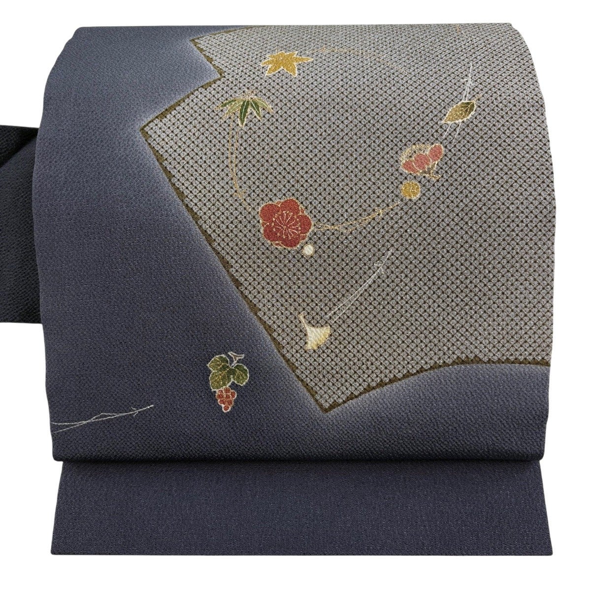 専用帯8331●高級 正絹 金彩 駒刺繍 名古屋仕立て 名古屋帯 松竹梅菖蒲牡丹 名古屋帯 秀品 吹き寄せ 松竹梅 金彩 縮緬 青灰色 正絹｜中古・古着
