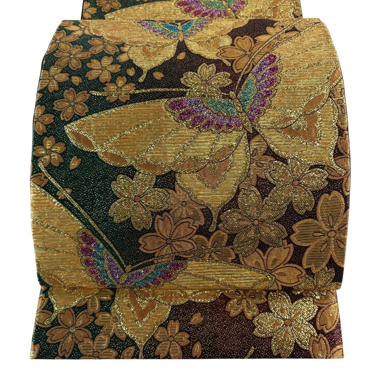 美品】 袋帯 秀品 蝶 桜 金糸 箔 えんじ色 六通 正絹｜中古・古着
