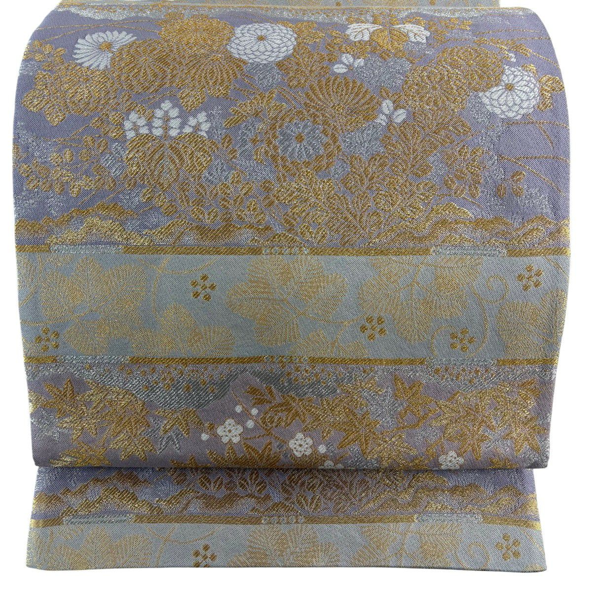 袋帯 秀品 華文 草花 銀糸 刺繍 薄紫 六通 正絹｜中古・古着