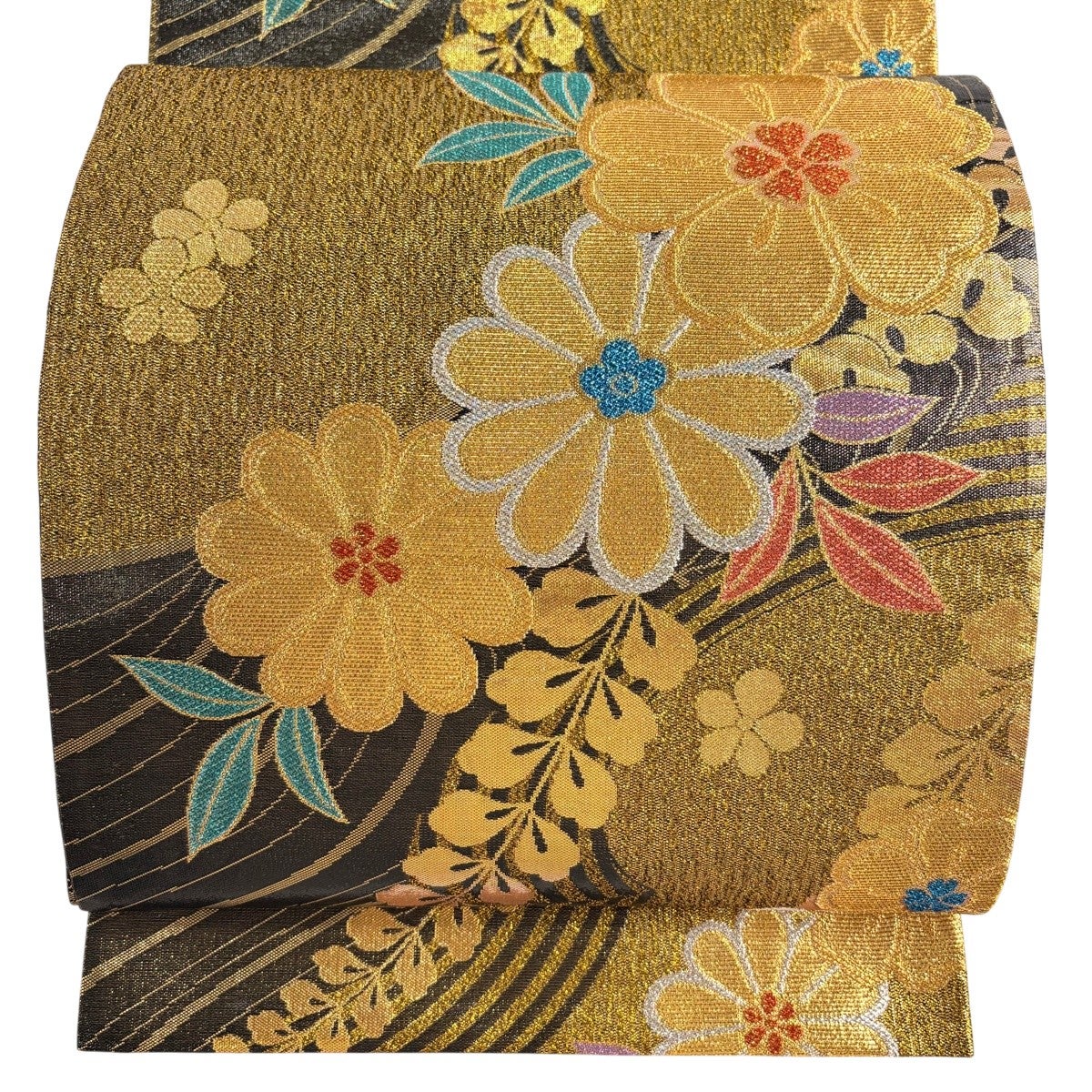 美品】 袋帯 秀品 織彩吉祥錦 色紙 草花 金糸 箔 ベージュ 六通 正絹