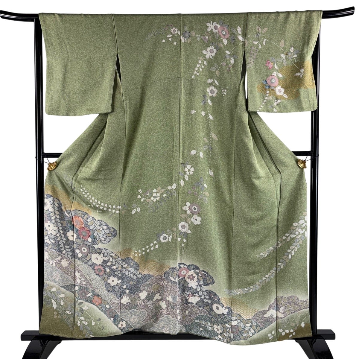 訪問着 身丈159cm 裄丈66cm M 袷 桜 霞 金彩 ぼかし よもぎ色 正絹 秀