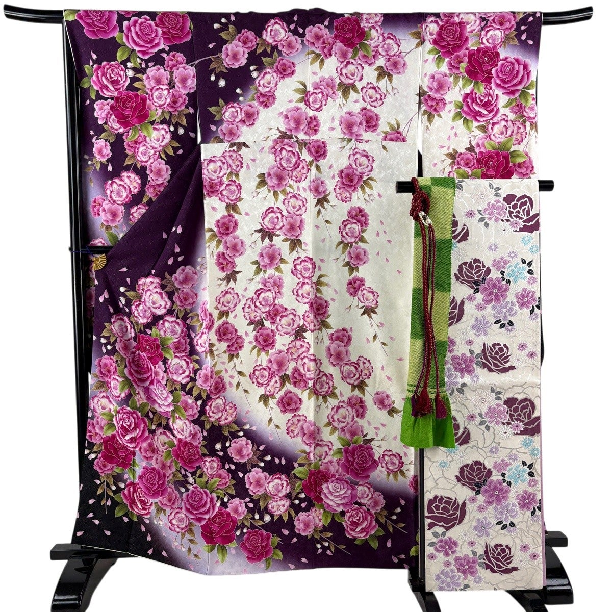 美品】 振袖 身丈163.5cm 裄丈67cm M 袷 袋帯フルセット 薔薇 桜