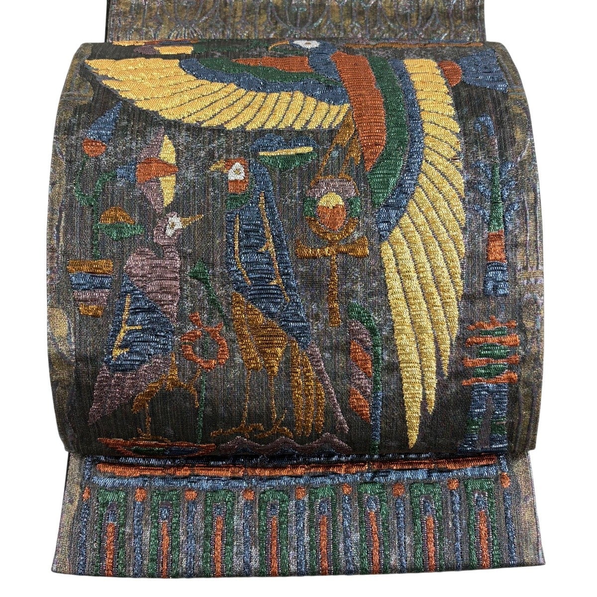 美品】 袋帯 名品 鳥 箔 焦茶色 お太鼓柄 正絹｜中古・古着
