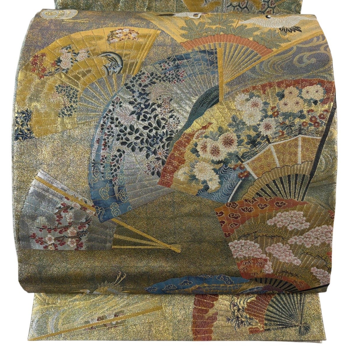 PD133 太鼓柄 刺繡 花籠文様 袋帯 金糸 逸品 50%OFF 袋帯 名品 落款あり 徳川美術館秘蔵 扇 花鳥 金糸 箔 金色