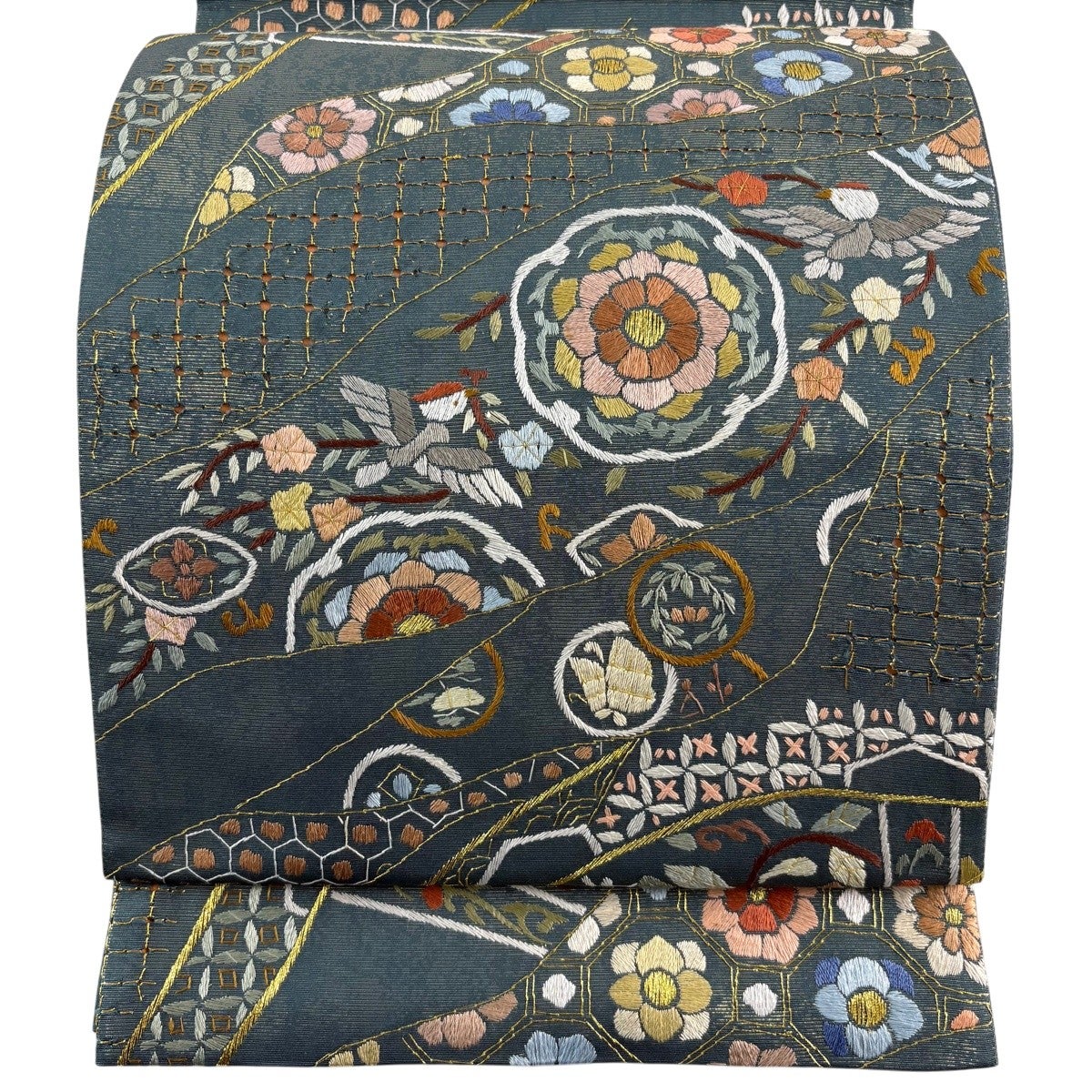袋帯 逸品 花喰い鳥 華文 刺繍 金糸 深緑 六通 正絹｜中古・古着