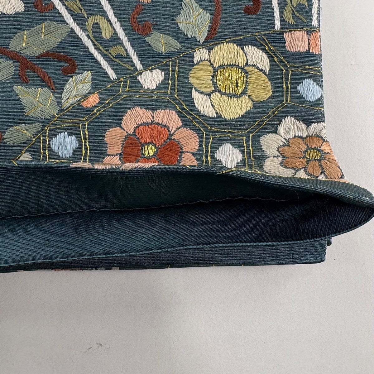 N美品　袋帯六通　刻糸綴 袋帯 逸品 花喰い鳥 華文 刺繍 金糸 深緑 六通 正絹｜中古・古着
