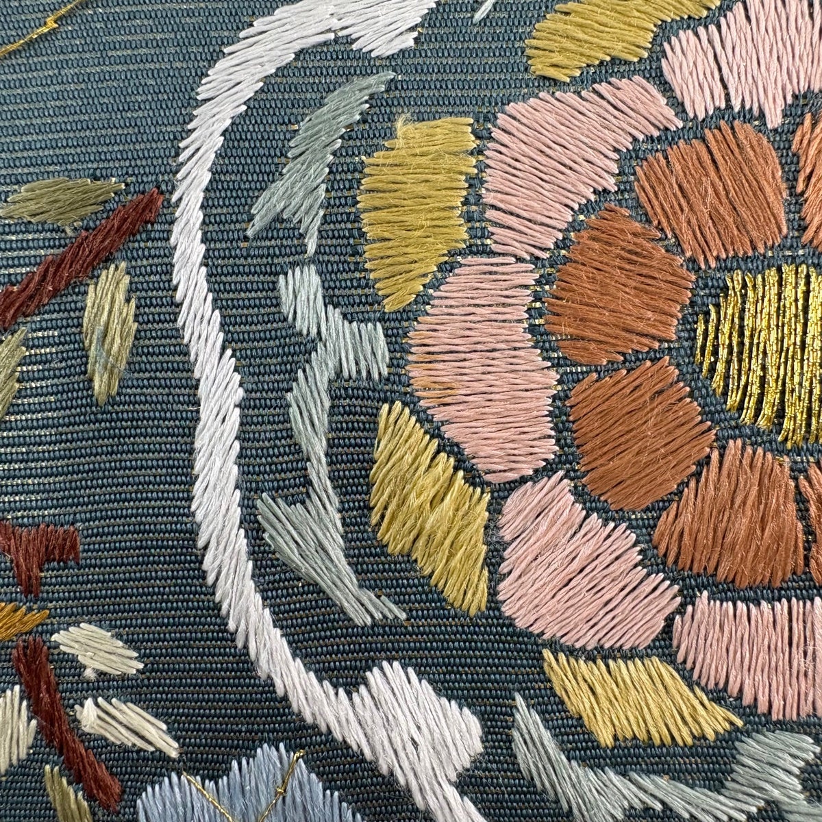 袋帯 逸品 花喰い鳥 華文 刺繍 金糸 深緑 六通 正絹｜中古・古着