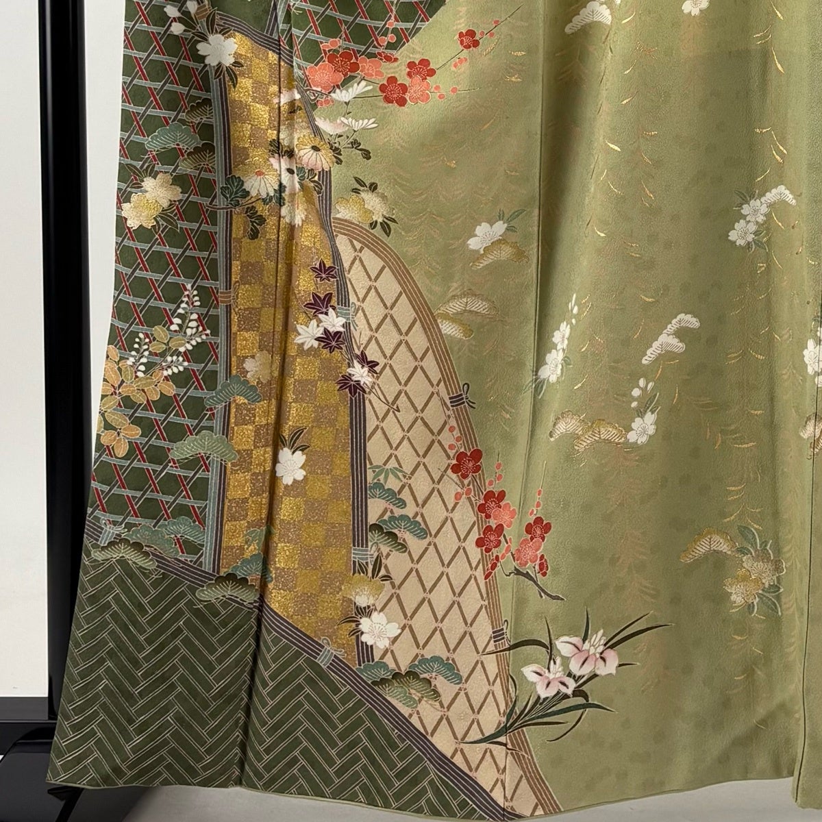 訪問着 身丈162.5cm 裄丈67cm M 袷 菊 松竹梅 金彩 染め分け 灰緑 正絹