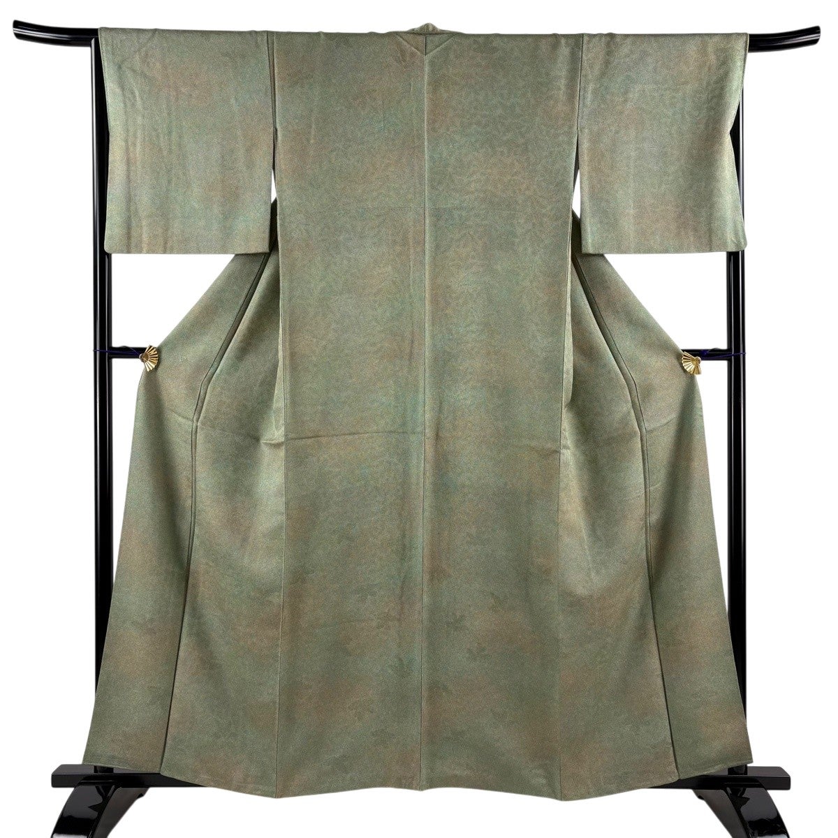 美品】 小紋 身丈158cm 裄丈67cm M 袷 鮫 地紋 ぼかし 灰緑 正絹 秀品