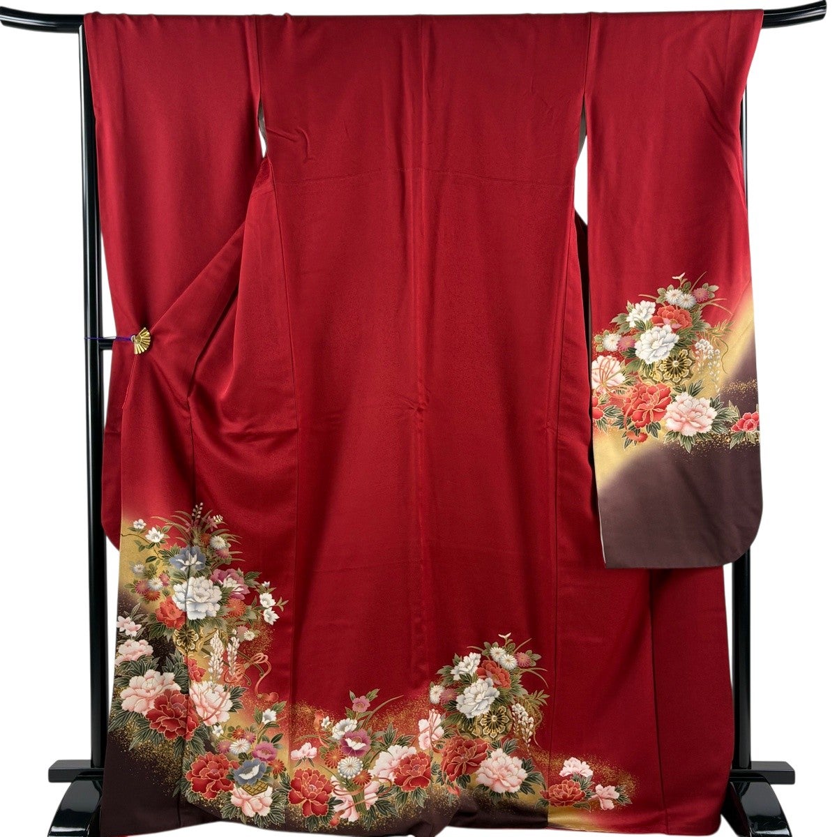 美品】 振袖 身丈154cm 裄丈61.5cm S 袷 花車 桜 金糸 金彩 紺色 正絹