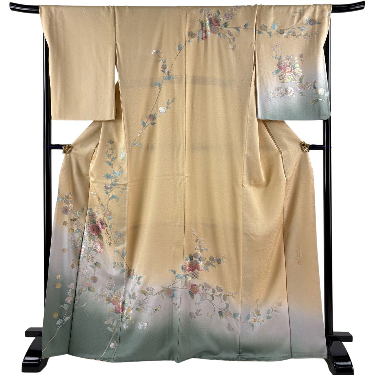 平和屋着物●螺鈿作家　藤本隆士　訪問着　花鳥鏡裏文　暈し染め　金銀彩　正絹　逸品　AABF8111ph 螺鈿作家 藤本隆士」作 落款 染め分けボカシ 葡萄柄 訪問着