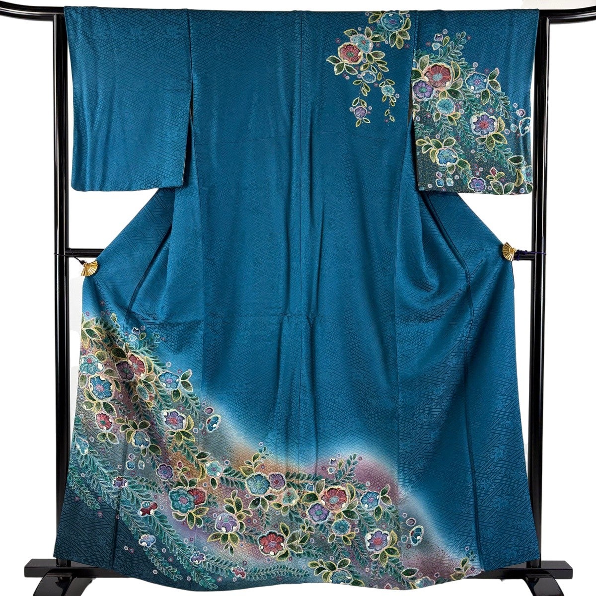 507z24.504y1.小物☆華やか 振袖 作家物 高身長な方にも 滝 花☆ 訪問着 身丈161cm 裄丈64cm M 袷 草花 金彩 ぼかし 青緑 正絹 秀品
