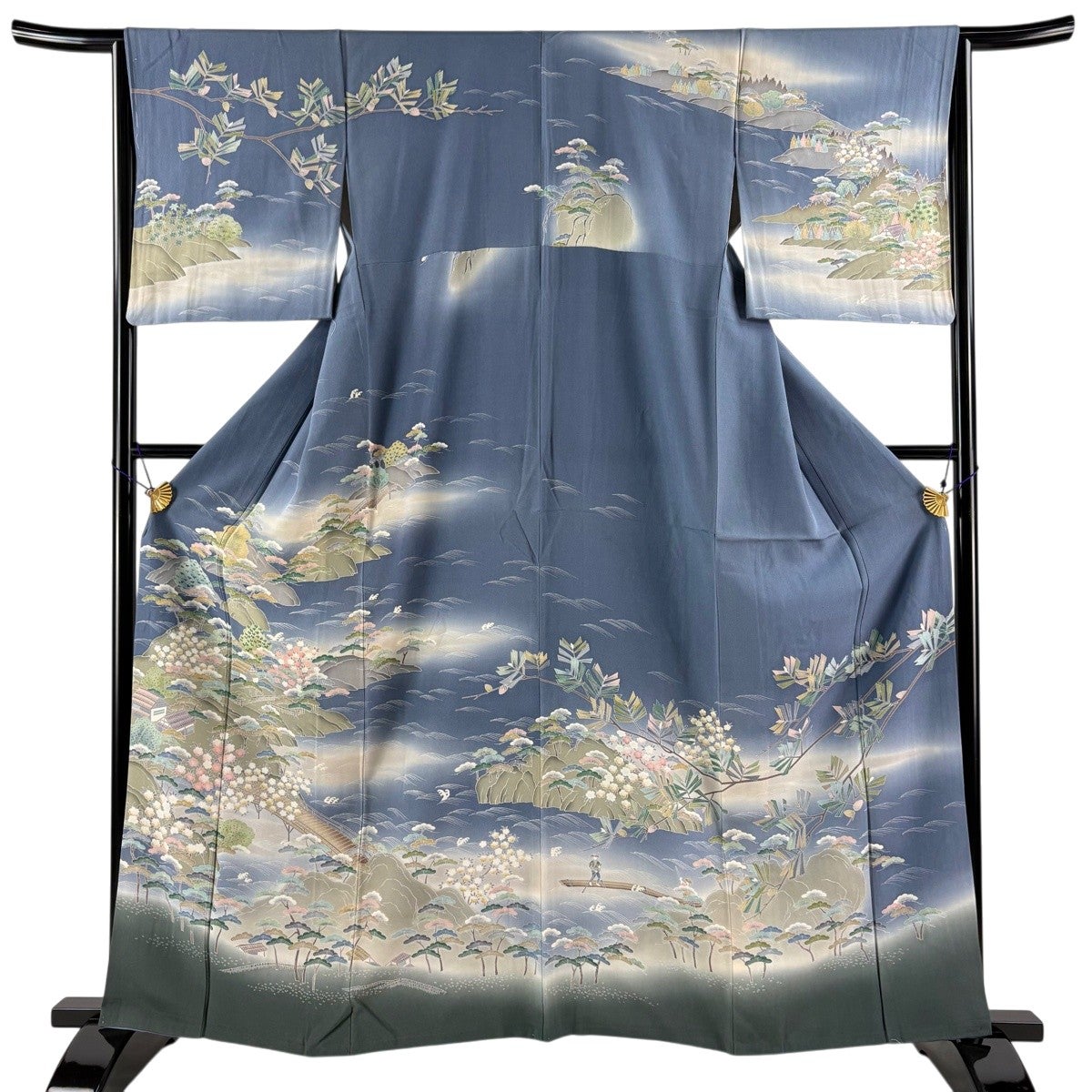 訪問着　付下げ　袷　正絹　青灰色　水色　ブルーグレー 30%OFF 訪問着 身丈162cm 裄丈64.5cm M 袷 建物 橋 ぼかし 染分け