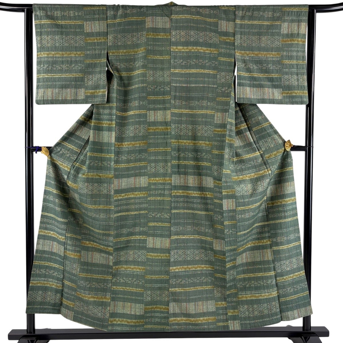 美品】 小紋 身丈161cm 裄丈63cm S 単衣 寄せ柄 松竹梅 深緑 正絹 秀品