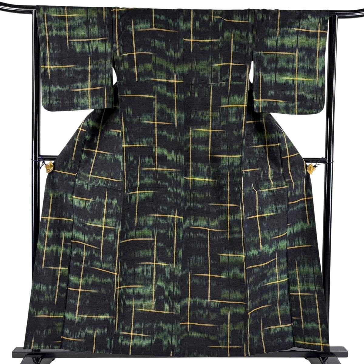 お召 身丈160.5cm 裄丈66cm M 単衣 幾何学模様 黒 正絹 逸品｜中古