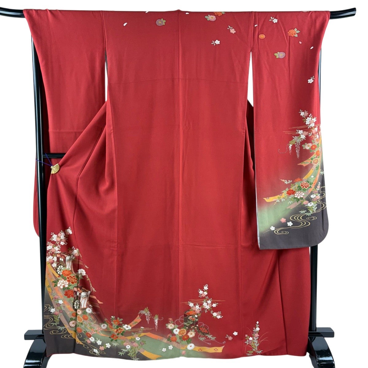 振袖 身丈169.5cm 裄丈68.5cm L 袷 桜 草花 金彩 染め分け 赤 正絹