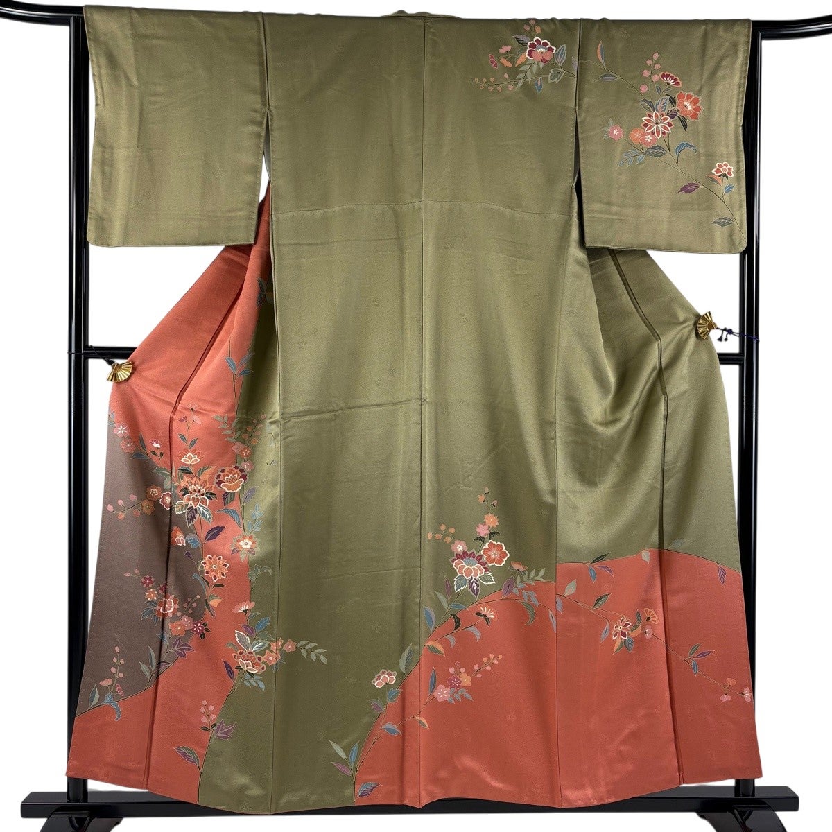 訪問着 身丈155cm 裄丈64cm M 袷 桜 幾何学模様 縮緬 黒灰 正絹 秀品