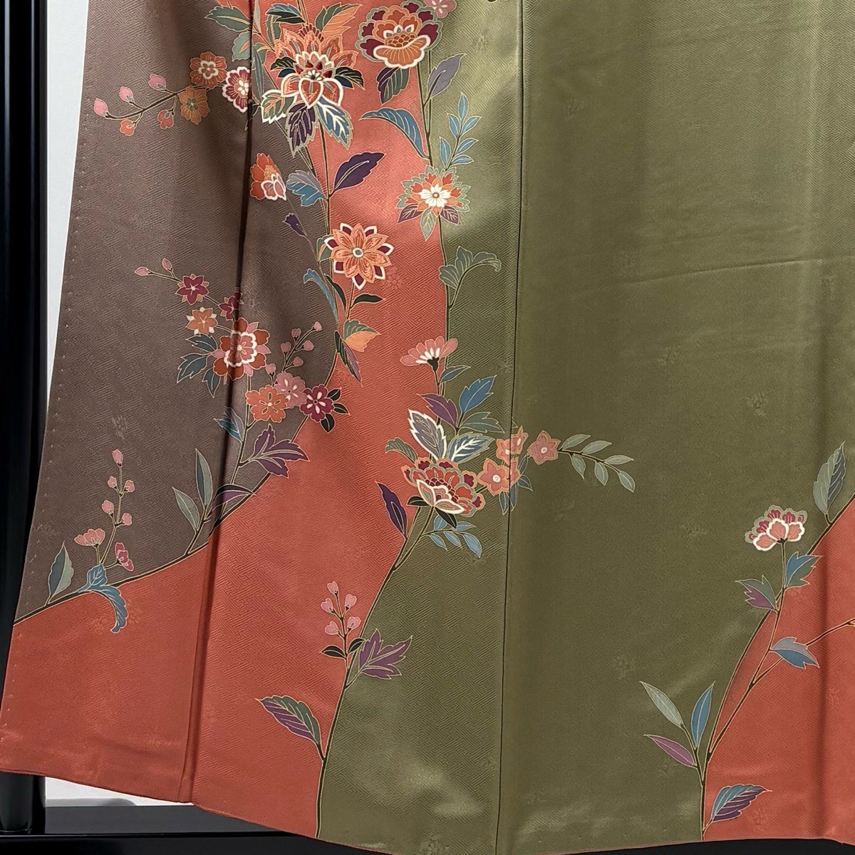 訪問着 身丈157cm 裄丈64.5cm M 袷 草花 刺繍 染分け 灰茶 正絹 秀品