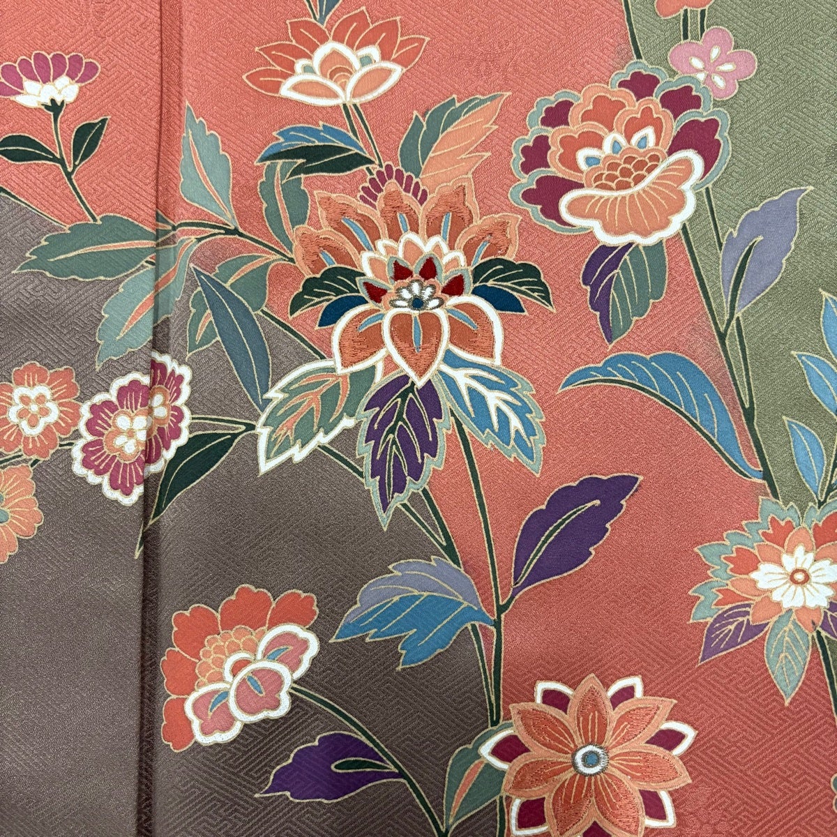 訪問着 身丈157cm 裄丈64.5cm M 袷 草花 刺繍 染分け 灰茶 正絹 秀品