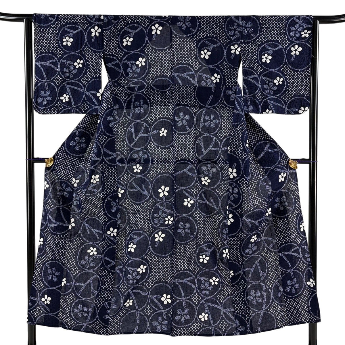30%OFF 【美品】 浴衣 身丈148.5cm 裄丈63cm S 絞り浴衣 草花 紺色 綿