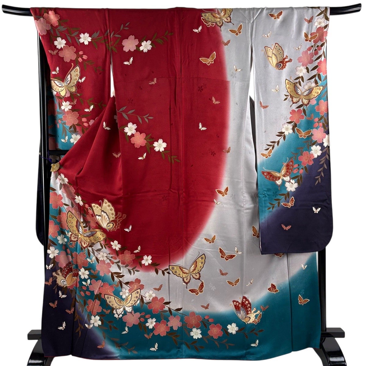 【振袖フルセット】身丈162.5cm 裄丈67.5cm 桜 流水 箔 金彩 赤 美品】 振袖 身丈162cm 裄丈67cm M 袷 蝶 桜 金糸 金彩 赤 正絹 秀品