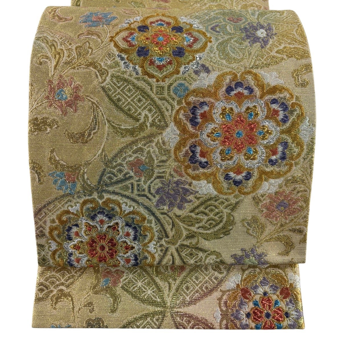 美品】 袋帯 名品 落款あり 本家加納 鳥丸文 花唐草 金糸 箔 金色 六通
