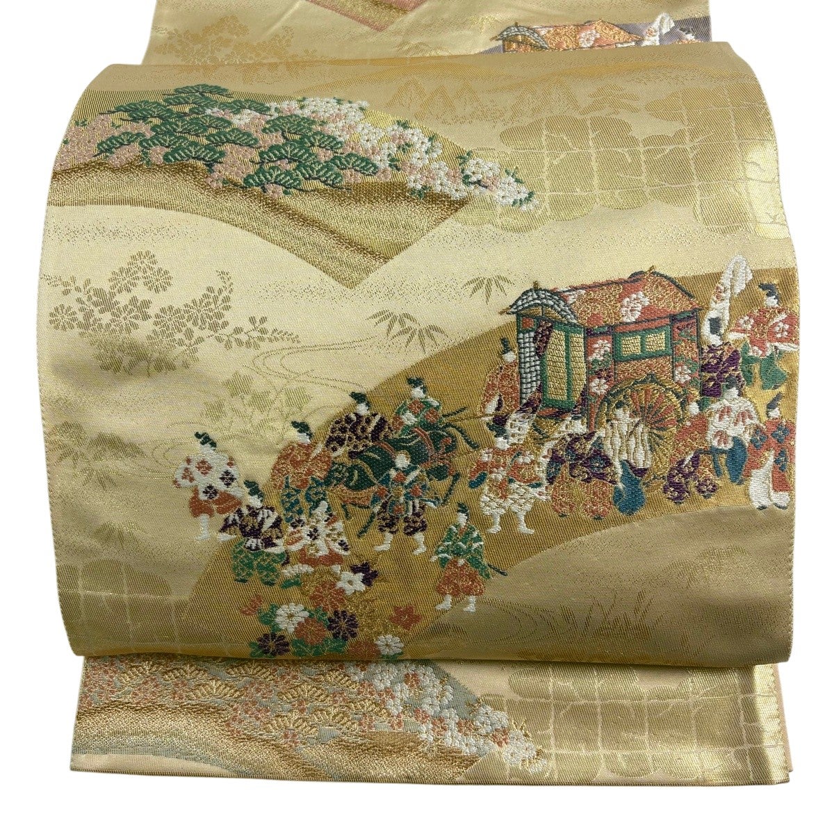 美品】 袋帯 名品 じゅらく 落款あり 帝王紫 御所車 人物 箔 金糸 金色