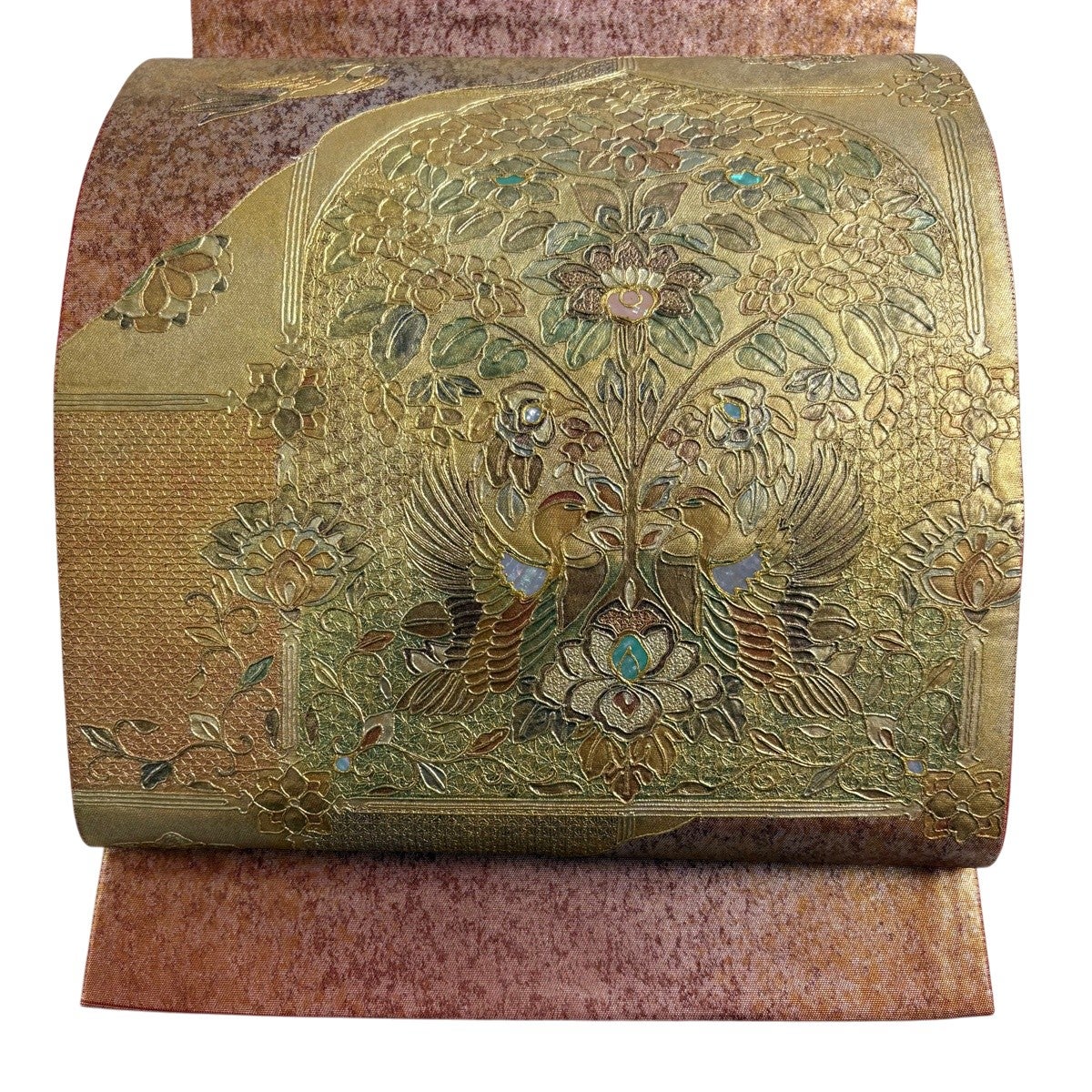 G太鼓柄袋帯 豪華な金銀絲繡 引箔 刺繡 ゴールド 花柄 美品】 袋帯 名品 向かい鳥 草花 螺鈿 金銀彩 金色 お太鼓柄 正絹