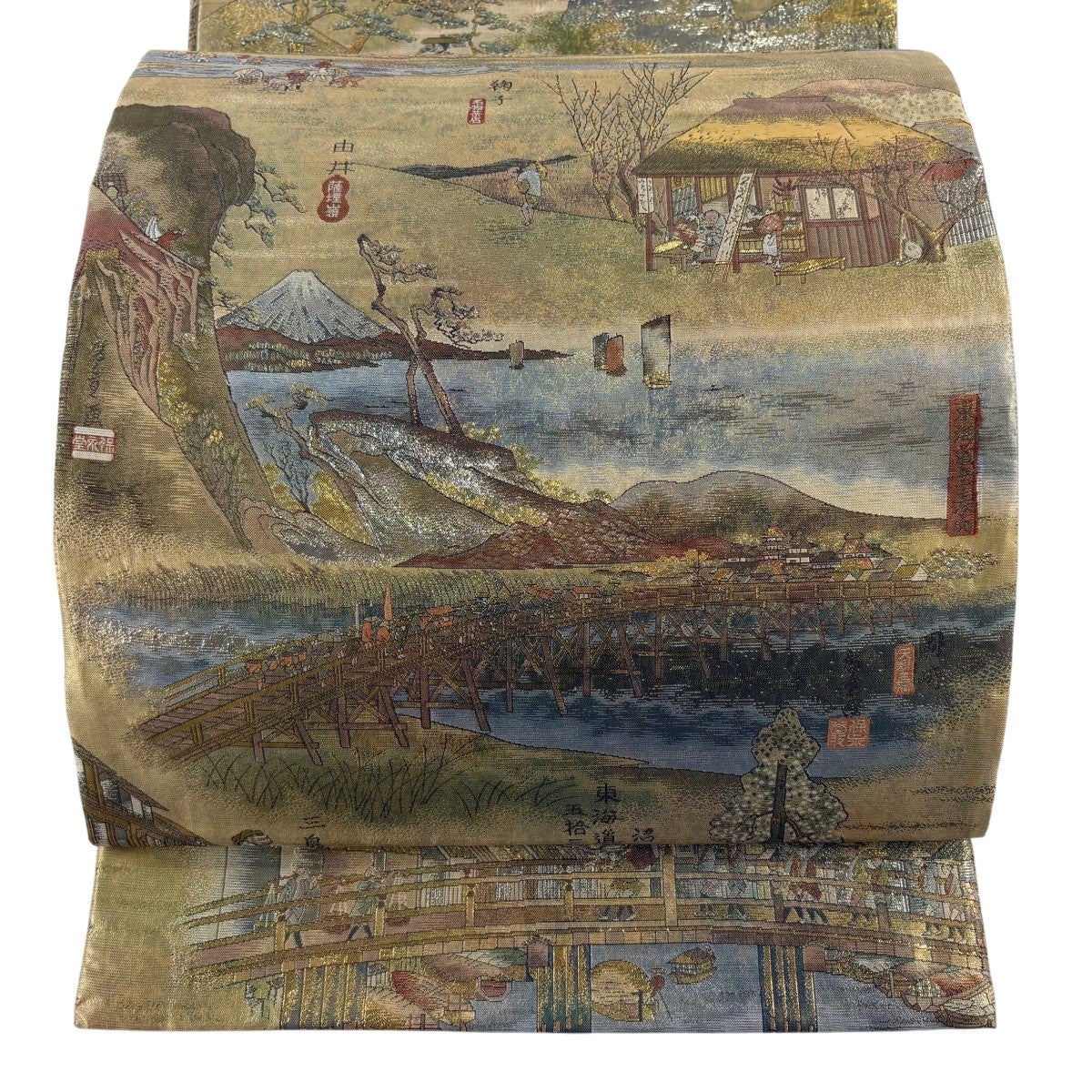40%OFF 【美品】 袋帯 逸品 風景 箔 銀色 お太鼓柄 正絹 K30｜中古