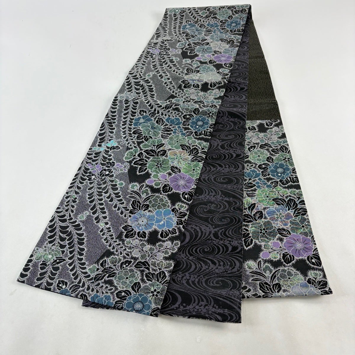 美品】 袋帯 秀品 辻が花柄 箔 黒灰 六通 正絹｜中古・古着