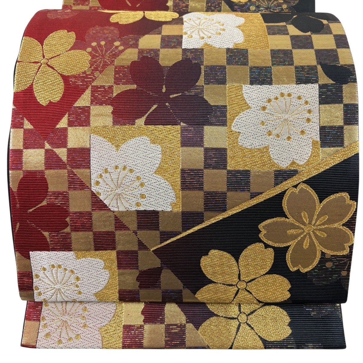美品】 袋帯 秀品 桜 市松 金糸 箔 赤 六通 正絹｜中古・古着