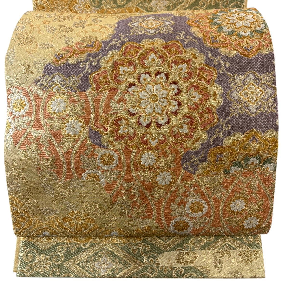 袋帯 美品 六通 箔 正絹 秀品 華文 金糸 花唐草 中古 墨色 名品 金銀糸