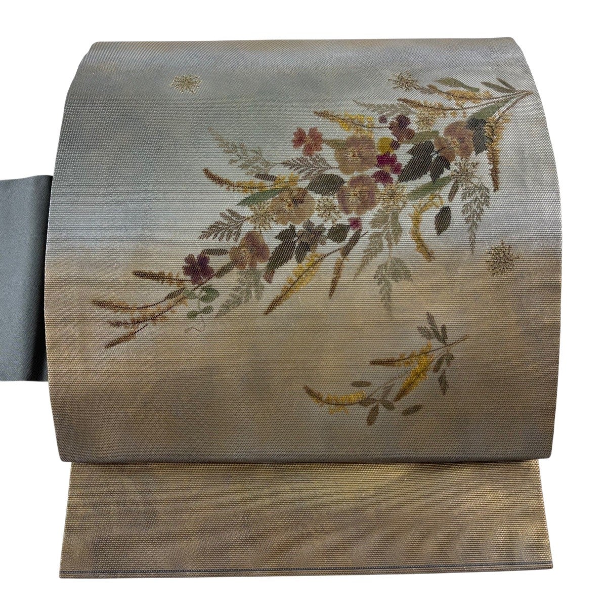名古屋帯 優品 花香織 草花 箔 灰緑 正絹｜中古・古着・リサイクル着物