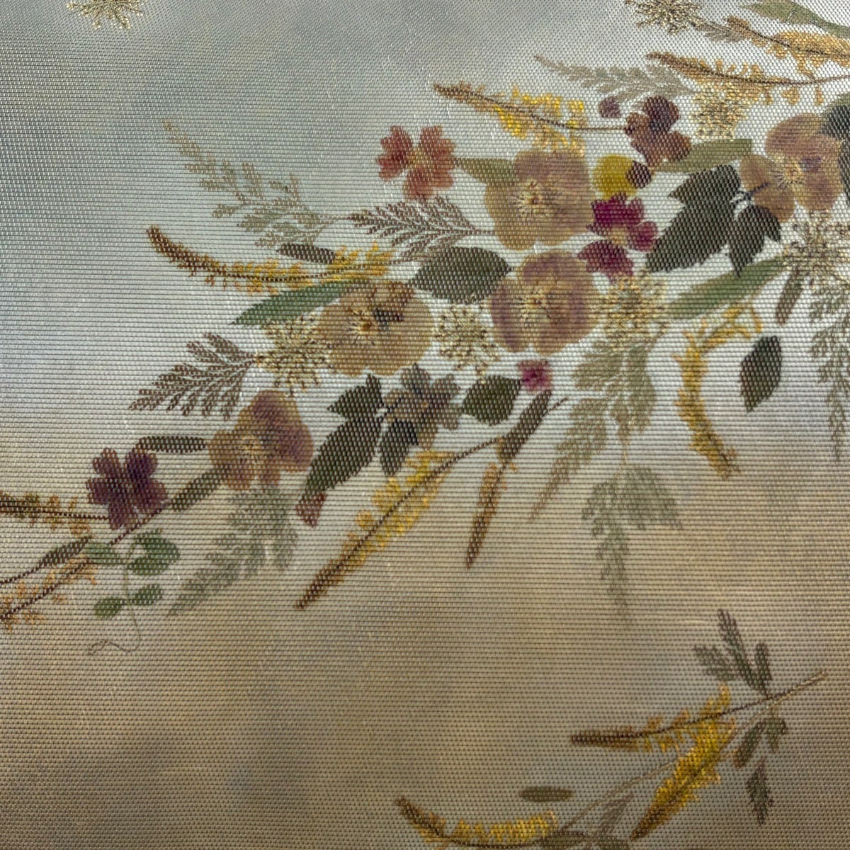 名古屋帯 優品 花香織 草花 箔 灰緑 正絹｜中古・古着・リサイクル着物