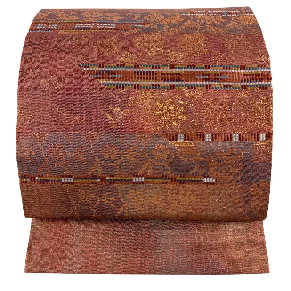 美品】 名古屋帯 優品 天然美 段縞 花唐草 箔 銀色 正絹｜中古・古着