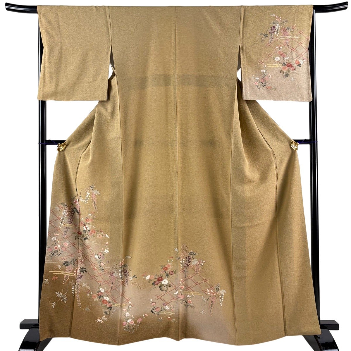 訪問着 身丈164cm 裄丈66cm M 袷 桜 草花 ぼかし 灰色 正絹 名品｜中古