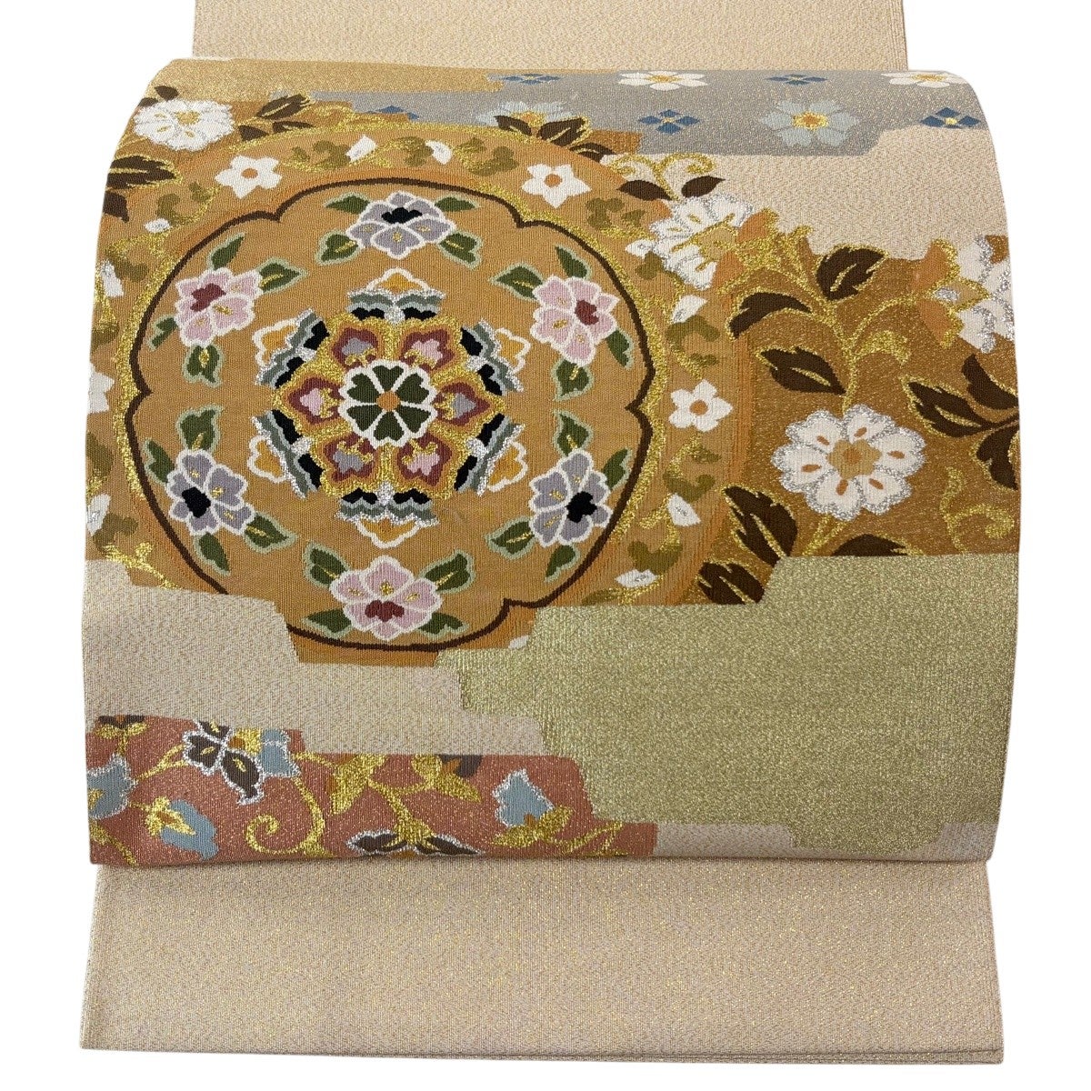 袋帯 名品 証紙あり 鳥 花唐草 刺繍 箔 ベージュ お太鼓柄 正絹｜中古
