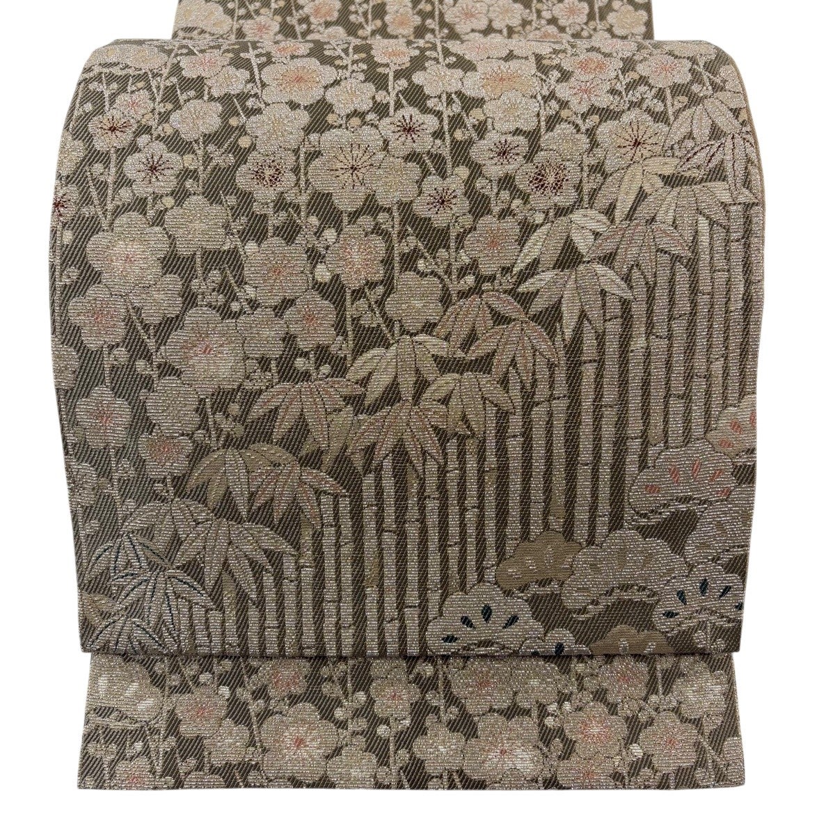 美品】 袋帯 名品 落款あり 野村一峰 黄櫨染 雪輪 松竹梅 箔 青灰色 全