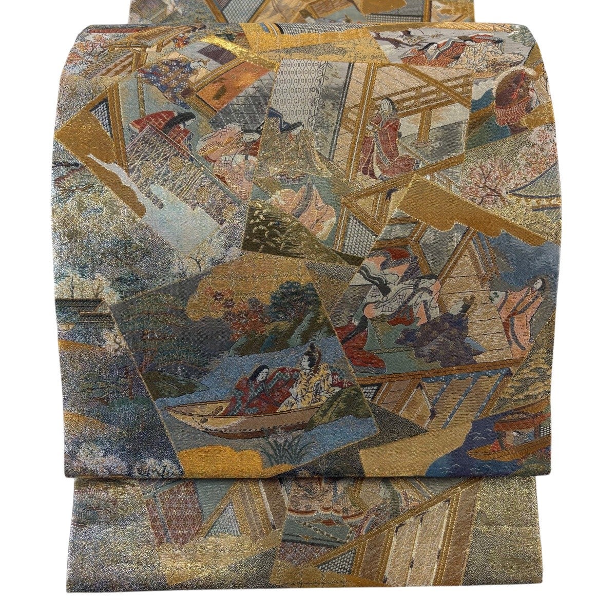 美品】 丸帯 名品 平安雅祭礼図 人物 色紙 箔 金色 お太鼓柄 正絹